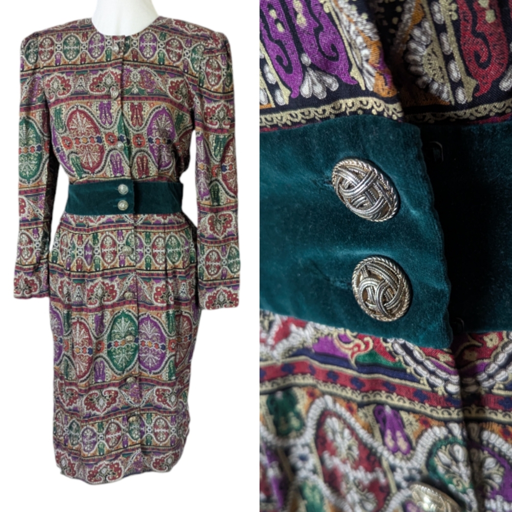 Vintage 80s Dress Batik Sheath Button Down Puff Long Sleeve Velvet Accent M
